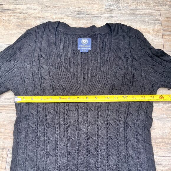 Y2K American Eagle Cable Knit Sweater Medium Black Fitted V Neck Preppy Vintage - Picture 4 of 9